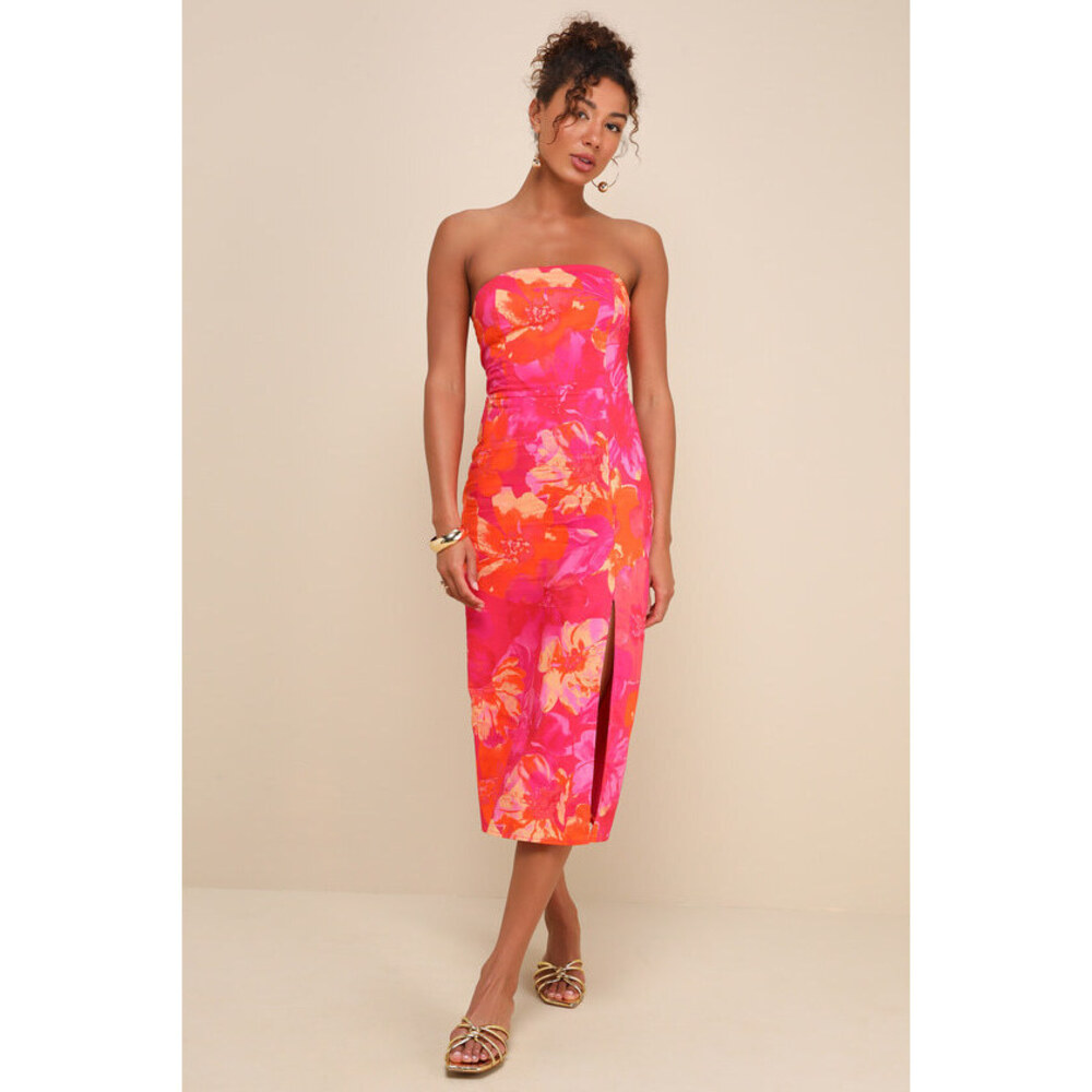 Lulus Bold Tendencies Fuchsia Floral Strapless Cutout Midi Dress Pink - Size L